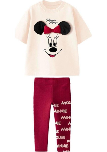 Kız Çocuk Minnie Mouse Baskılı Fiyonk Detaylı Pamuklu Tshirt ve Tayt Alt Üst Takım
