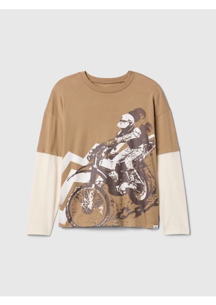 Erkek Çocuk Kahverengi Grafikli Relaxed T-Shirt