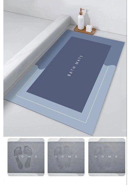 Mavi Kare Sihirli Su Emici Banyo Paspası, Kaymaz Taban, 40X60 cm