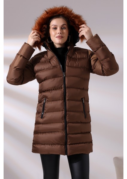 Kadın Kapüşonlu Fermuarlı Microjel Dolumlu Peluşlu Su ve Rüzgar Gecirmez Monta modelleri