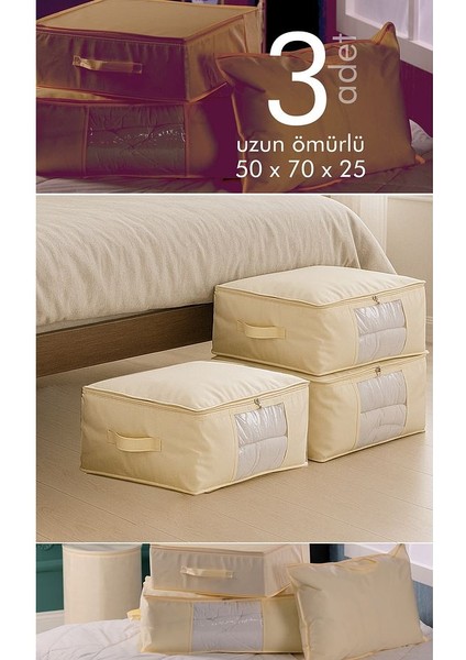 3'lü Set Büyük Boy 70X50X25CM Pencereli Çekyat&baza Altı,yorgan&yastık Düzenleyici Hurç Krem