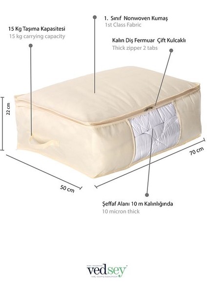 3'lü Set Büyük Boy 70X50X25CM Pencereli Çekyat&baza Altı,yorgan&yastık Düzenleyici Hurç Krem fiyatları