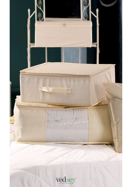 3'lü Set Büyük Boy 70X50X25CM Pencereli Çekyat&baza Altı,yorgan&yastık Düzenleyici Hurç Krem