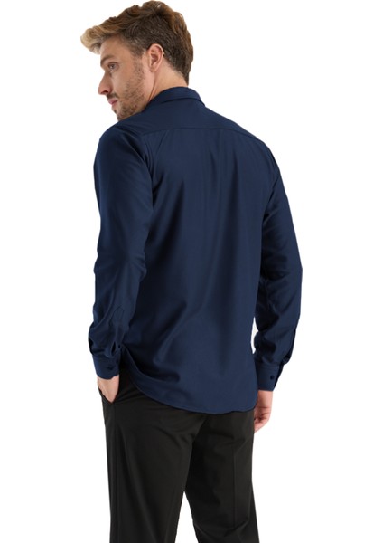 Erkek Gömlek Lacivert Likralı Uzun Kollu Cepli Rahat Kalıp Salaş Dökümlü Pamuklu Günlük Şık Model modelleri