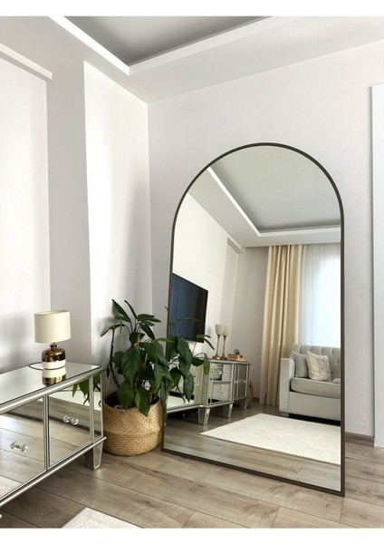 Renkli Pirinç Eskitme Metal Çerçeveli Oval Ayaklı Boy Aynası 180X100 cm