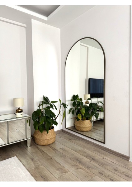 Renkli Pirinç Eskitme Metal Çerçeveli Oval Ayaklı Boy Aynası 180X100 cm