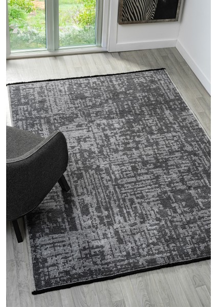 Antik Gri Halı Yıkanabilir Kaymaz Taban Şönil Kilim Dokuma Pamuk Taban Kilim 10119A 80 x 150 cm