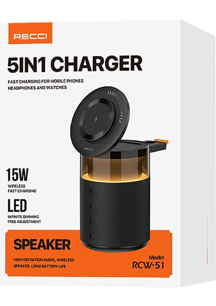 Rcw-51 Kablosuz Şarj Standı Ambiyans Işıklı Bluetooth Speaker Hoparlör Özellikli Siyah indirimleri