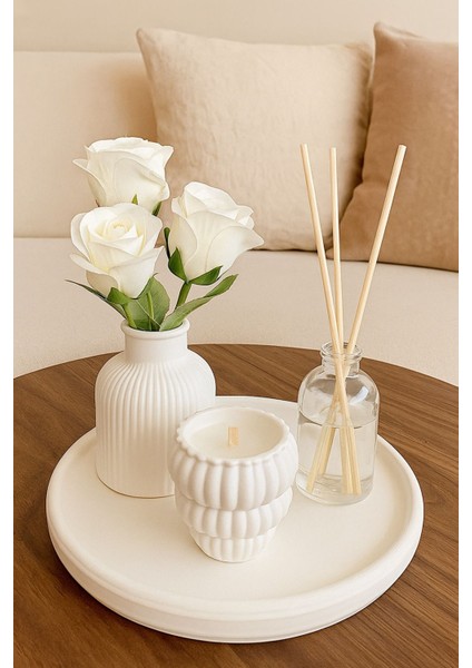 Beyaz Dekoratif Mumluk, Çizgili Vazo ve Oda Kokusu Seti, Bambu Çubuklu, Şık Tasarım fiyatları