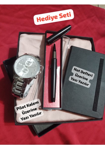 Özel Kutulu Hediyelik Erkek Kombin Saat Seti Pilot Kalem Not Defteri - 6048