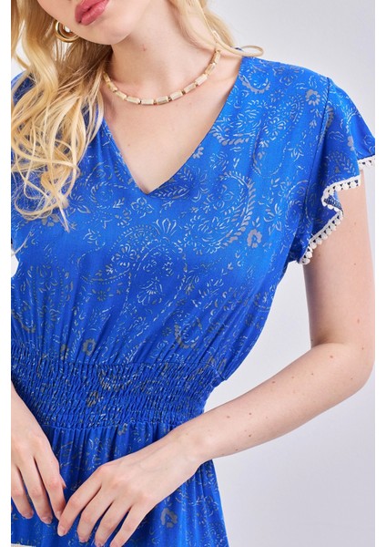 Kadın V Yaka Güpür Detaylı Gipeli Mini Elbise Saks fiyatları