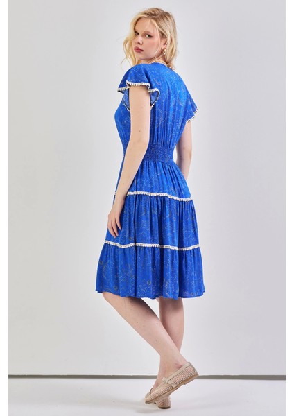 Kadın V Yaka Güpür Detaylı Gipeli Mini Elbise Saks modelleri