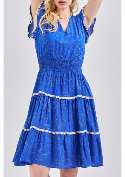 Kadın V Yaka Güpür Detaylı Gipeli Mini Elbise Saks fırsatları