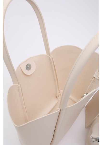 Krem SHK122 Suni Deri, Çıtçıtlı, Makyaj Çantalı, Cüzdanlı El, Kol ve Omuz Çantası