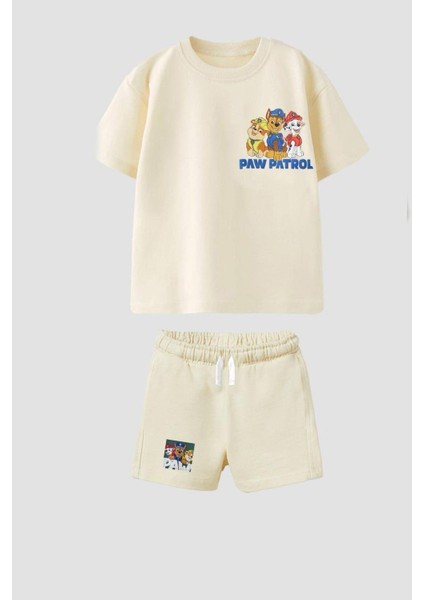 Erkek Çocuk Pamuklu Kumaş Ön Arka Baskılı Tshirt ve Şort Alt Üst Takım