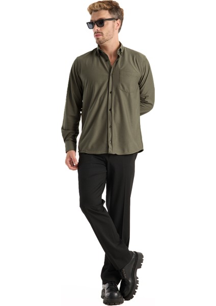 Erkek Gömlek Haki Yeşil Likralı Uzun Kollu Cepli Rahat Kalıp Dökümlü Pamuklu Günlük Şık Model