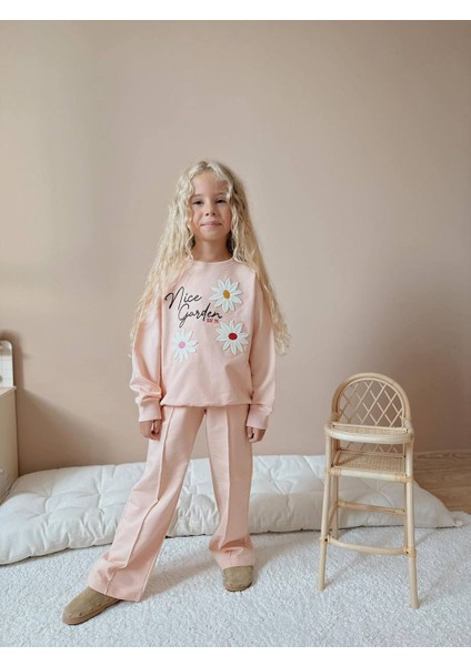 Çiçek Aplike Desenli Uzun Kollu Kız Çocuk Alt Üst Takım