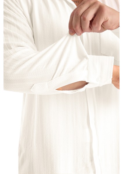 Erkek Gömlek Krem Likralı Uzun Kollu Cepli Rahat Kalıp Dökümlü Pamuklu Günlük Şık Model