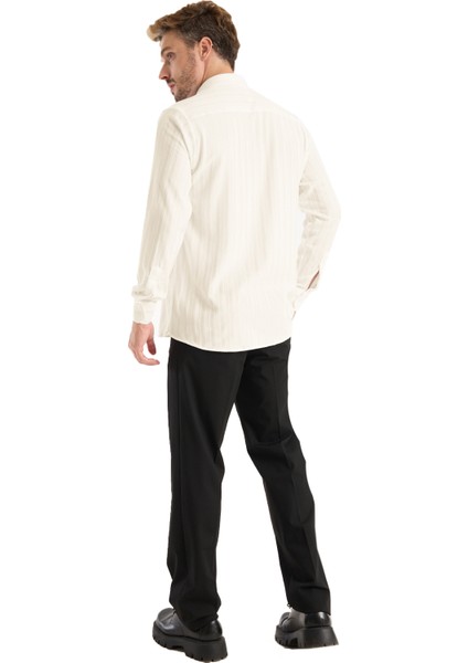 Erkek Gömlek Krem Likralı Uzun Kollu Cepli Rahat Kalıp Dökümlü Pamuklu Günlük Şık Model modelleri