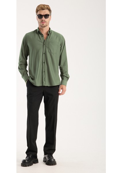 Erkek Gömlek Yeşil Likralı Uzun Kollu Cepli Rahat Kalıp Salaş Dökümlü Pamuklu Günlük Şık Model fiyatları