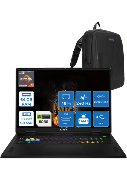 Msı Vector A18 Hx A9WIG-093TR Amd Ryzen 9-9955HX Aı 64GB 512GB SSD+512GB SSD 16GB/RTX5080 Gddr7 175W 18 Inç 2k 2560×1600) Qhd+ 240Hz Freedos Gaming Laptop ZT093TRF26+ZETTAÇANTA