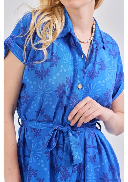 Kadın Desenli Kuşak Detaylı Gömlek Elbise Saks Mavi indirimleri
