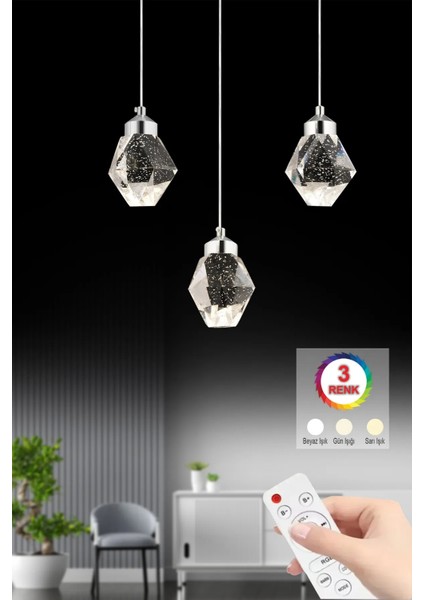 Istanbul Avize Kabarcıklı Liya 3'lü Gümüş Kumandalı 3 Renk Ledli Modern LED Avize