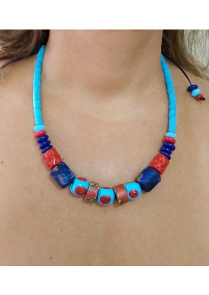 Bodrum Cam Nazar Lacivert Kırmızı Gana Krobo Cam Boncuklu Ayarlanabilir Ipli Kolye