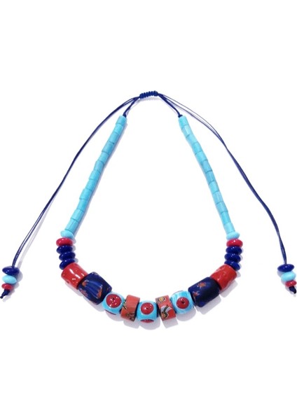 Bodrum Cam Nazar Lacivert Kırmızı Gana Krobo Cam Boncuklu Ayarlanabilir Ipli Kolye fiyatları