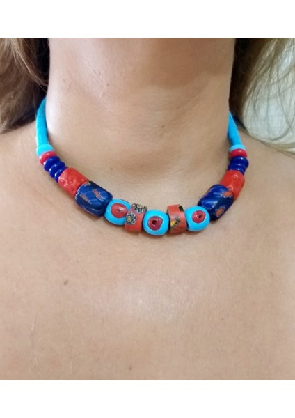 Bodrum Cam Nazar Lacivert Kırmızı Gana Krobo Cam Boncuklu Ayarlanabilir Ipli Kolye indirimleri