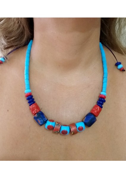 Bodrum Cam Nazar Lacivert Kırmızı Gana Krobo Cam Boncuklu Ayarlanabilir Ipli Kolye