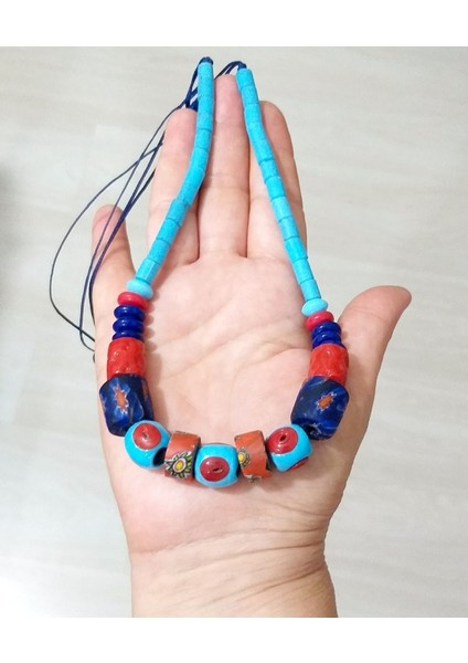 Bodrum Cam Nazar Lacivert Kırmızı Gana Krobo Cam Boncuklu Ayarlanabilir Ipli Kolye