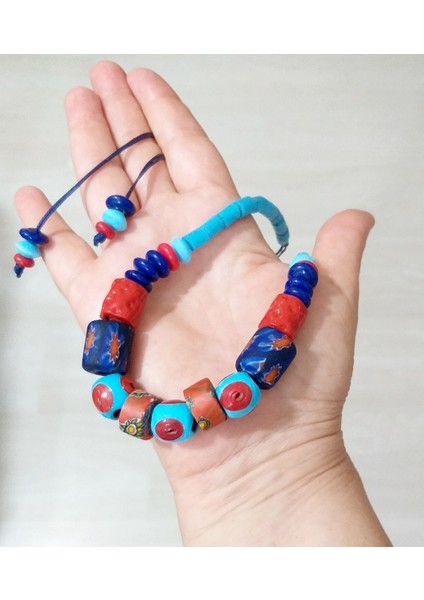 Bodrum Cam Nazar Lacivert Kırmızı Gana Krobo Cam Boncuklu Ayarlanabilir Ipli Kolye