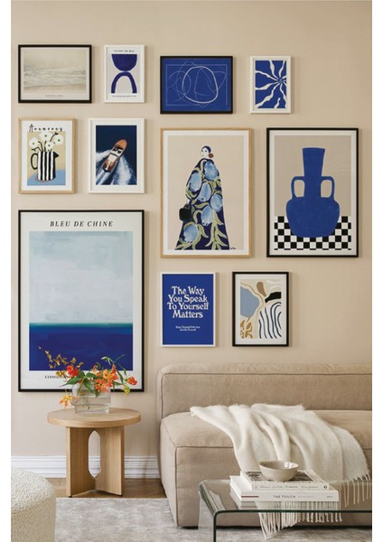 11 Parça Çok Renkli Blue Tarzı Ahşap ve Çerçeveli Tablo Seti