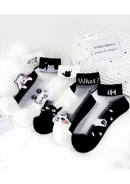 Kadın 5 Çift Karışık Kedi Desenli Tül Çorap Beyaz modelleri