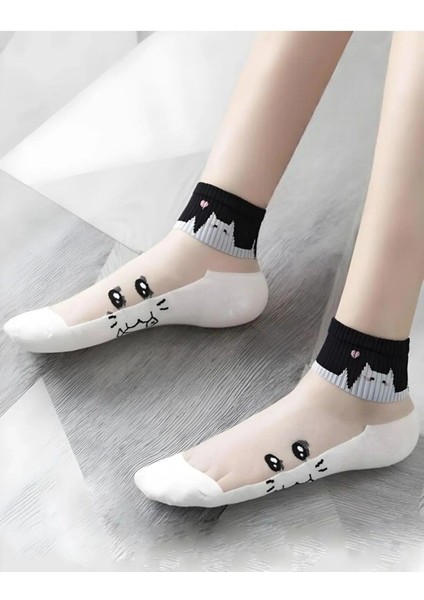 Kadın 5 Çift Karışık Kedi Desenli Tül Çorap Beyaz indirimleri