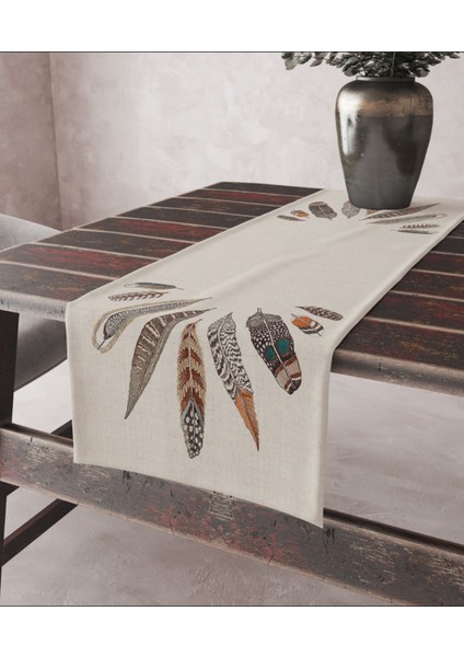 3D Dijital Baskılı Bej Runner, Şans Tüyleri Tasarımı ile Şık ve Modern Görünüm