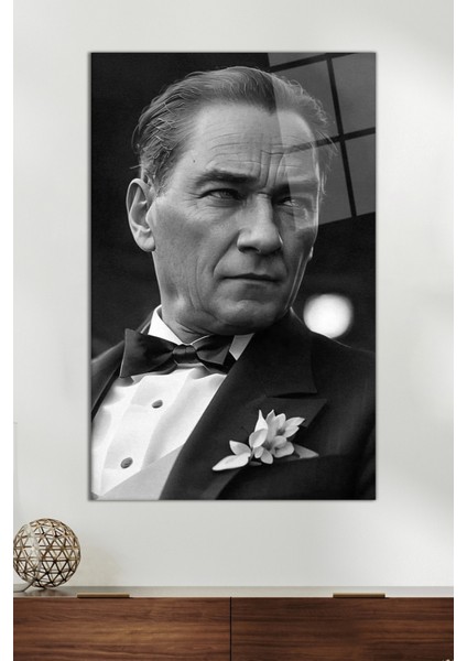 Siyah Beyaz Mustafa Kemal Atatürk Portresi Cam Tablo, Ev Ofis Dekoru, Hediyelik Duvar Dekorasyonu