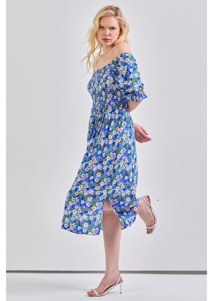 Kadın Kare Yaka Gipeli Desenli Viskon Elbise Mavi