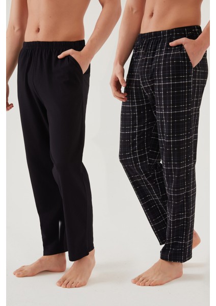 Erkek Pamuklu Ekose-Lacivert 2'li Tek Alt Pijama