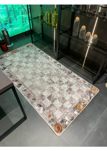 Bej Turuncu Dama Desenli Kaymaz Taban Mutfak Halısı fırsatları