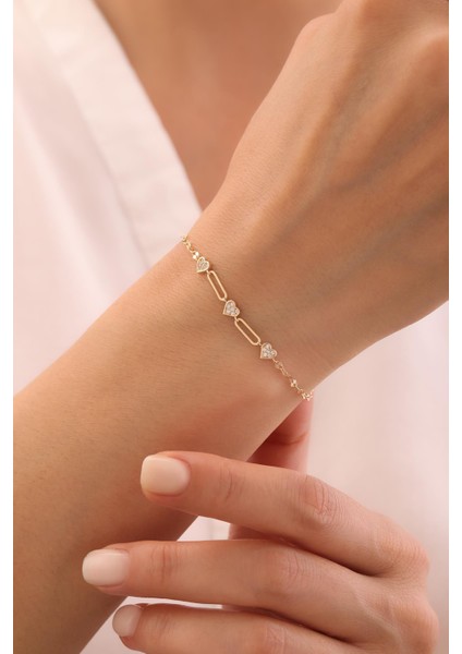 14 Ayar Taşlı Minimal Kalp Bileklik