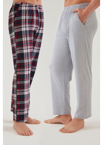 Erkek Pamuklu Ekose-Lacivert 2'li Tek Alt Pijama