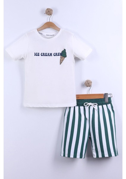 Erkek Çocuk Dondurma Baskılı Pamuklu Tshirt ve Çizgili Şort Alt Üst Takım
