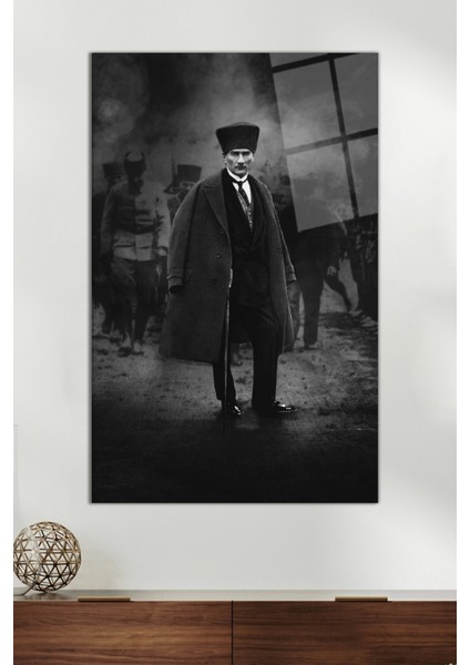 Siyah Beyaz Atatürk Palto ve Baston Cam Tablo, Modern Ev ve Ofis Dekoru, Hediyelik Duvar Dekorasyonu