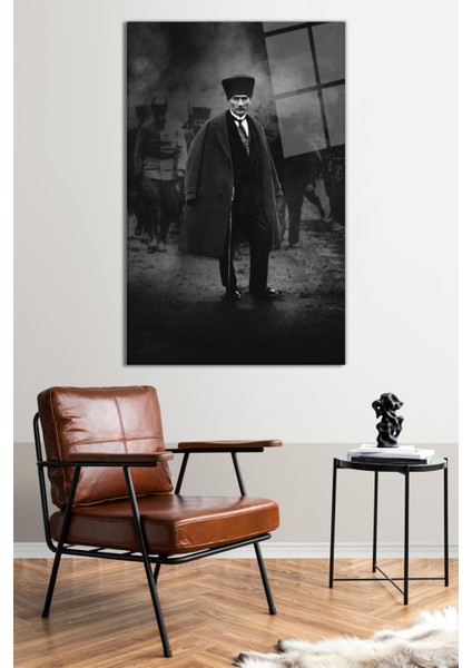 Siyah Beyaz Atatürk Palto ve Baston Cam Tablo, Modern Ev ve Ofis Dekoru, Hediyelik Duvar Dekorasyonu fiyatları