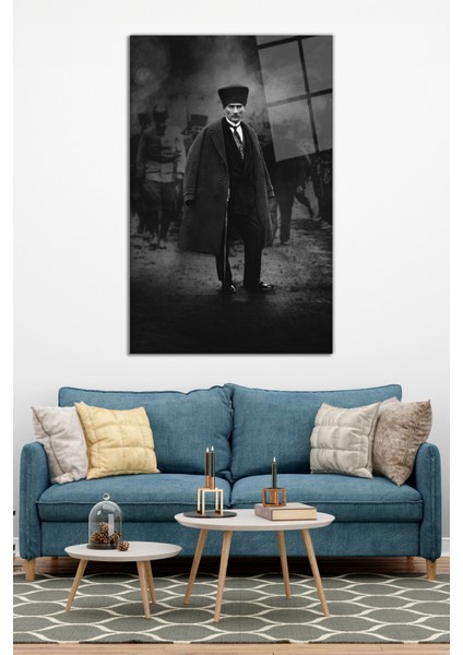Siyah Beyaz Atatürk Palto ve Baston Cam Tablo, Modern Ev ve Ofis Dekoru, Hediyelik Duvar Dekorasyonu modelleri