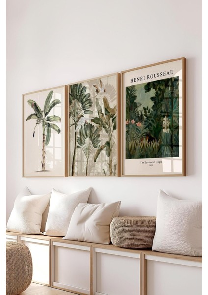 Yeşil Ahşap Çerçeveli 3'lü Duvar Tablosu Seti, Şık ve Doğal Dekorasyon