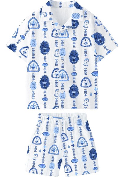 Erkek Çocuk Keten Müslin Kumaş Baskılı Gömlek ve Şort Alt Üst Takım