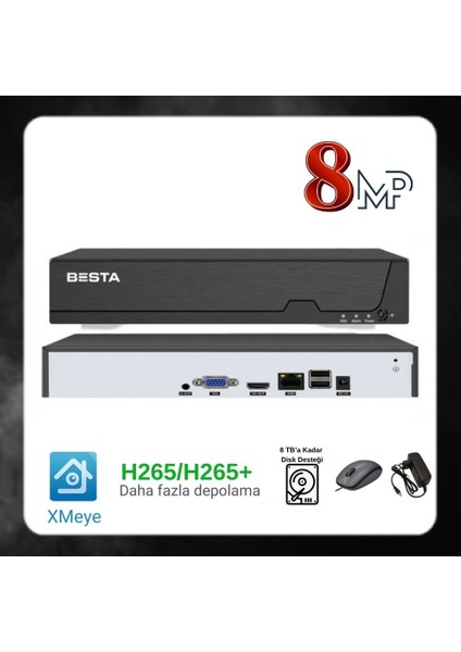 8 Mp 10 Kanal 2160P Ip Kamera Nvr Kamera Kayıt Cihazı H.265+( Ahd ve Analog Kamera Ile Uyumlu Değildir)